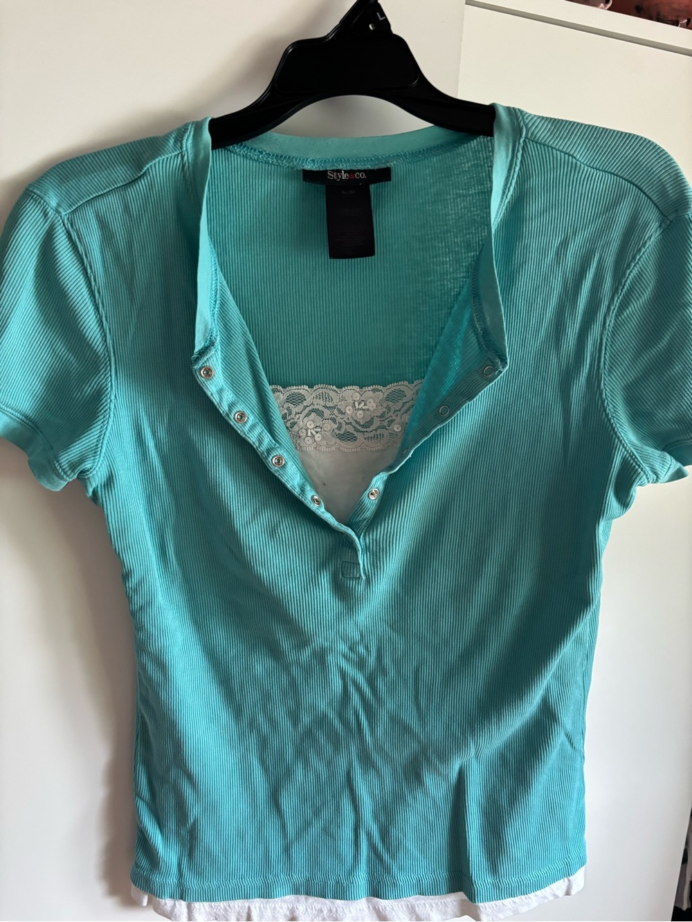 Style & Co. Turquoise Short-Sleeve Snap Henley with Lace Cami